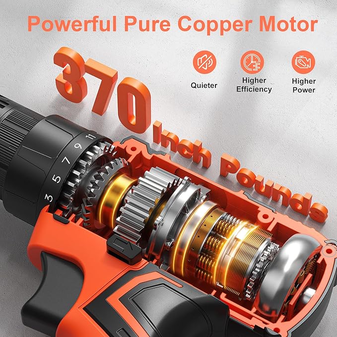 Cordless Drill Set, 20V Power Drill with Power Pack 2.0Ah and Charger, 3/8-Inch Keyless Chuck Electric drill, 25+1 Position, 42pcs Drilldriver Bits/Screws for DIY Projects (Orange)