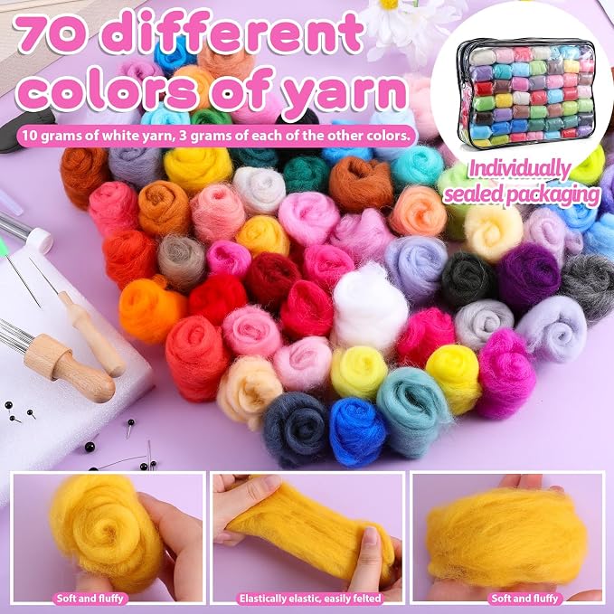 Lyksgir 70 Colors Needle Felting Kit, Wool Roving Set, Wool Felting Tool - Image 3