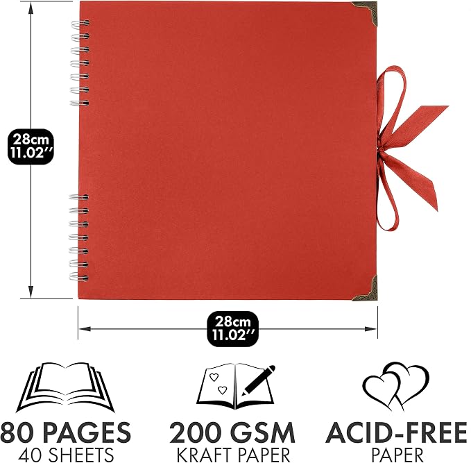 Bstorify Square Scrapbook Photo Albums 80 Pages Red Thick Paper, Ribbon Closure - Image 2