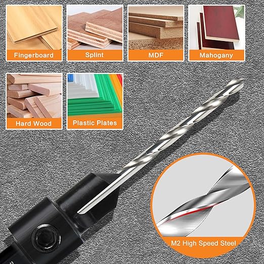5-pc Woodworking Countersink Counterbore Drill Bit Set 3in1 for #6 8 10 12 16 Screws, M2 Pilot Drill Bits Adjustable Depth, 82-Degree Chamfer with Stop, 1/4” Hex Shank, Includes 2 Allen Wrenches