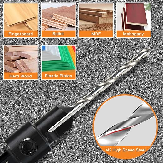 Countersink Drill Bit Set, 7-Piece Woodworking M2 Countersink Drill Bits for #4, 6, 8, 10, 12, 14 Screws, 82-Degree Chamfer, ¼” Hex Shank, 2 Allen Wrenches, HSS Drill Bits Detachable Depth Adjustable