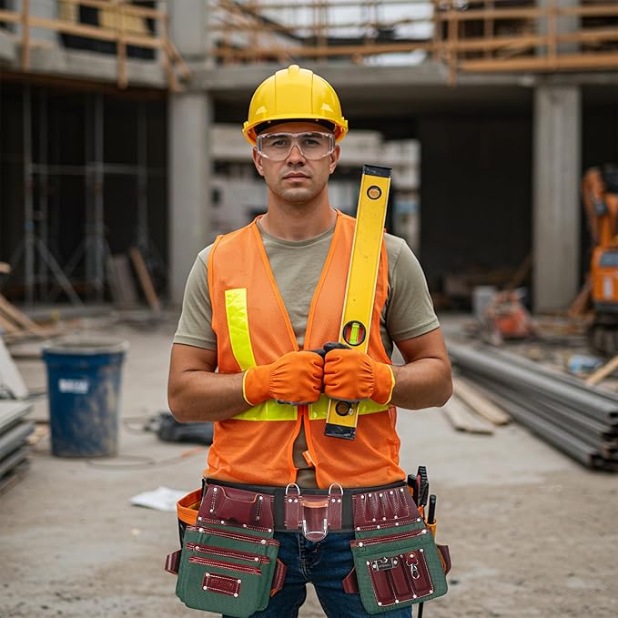 FUERI Tool Belt Men Heavy Duty 26 Pocket Tools Bags Pouches Holder Organizer for Carpenter Construction Electrician Framer Nylon Leather (Green & Maroon, Extra Large 42" - 48")