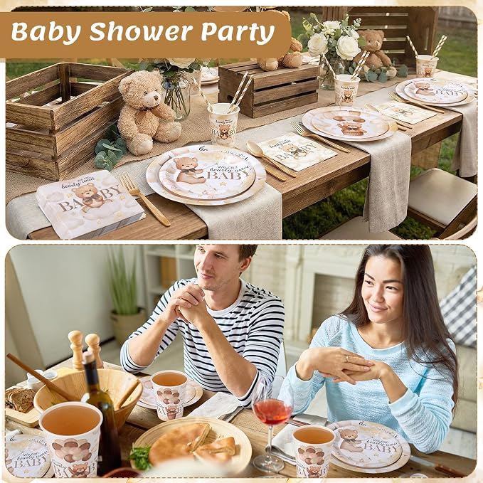 450 Pcs Brown Bear Baby Shower Tableware Set Decorations We Can Bearly Wait - Image 5