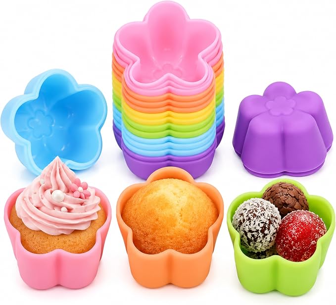Mini Silicone Muffin Cups, 24 Pack Reusable Cupcake Molds, Begonia | Nonstick 2 by Bakebaking