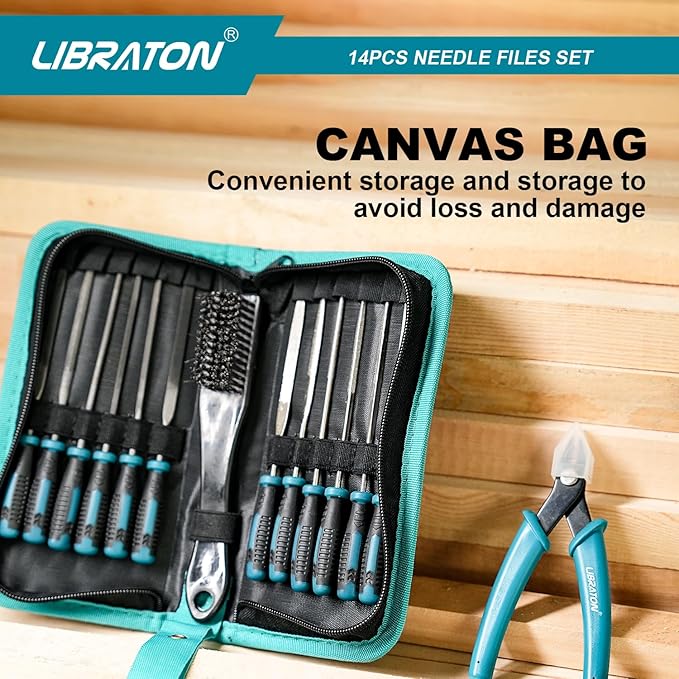 Libraton Needle File Set, Diamond Needle File Set, 14PCS Small File Set, 6 Diamond Files & 6 Carbon Steel Files with Wire Cutter, Steel Brush, Carry Bag, Jeweler File Tools for Soft Metal,Wood,Model