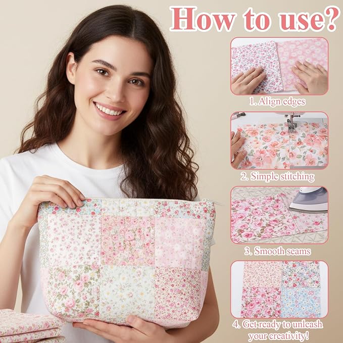 48 Pcs 10 x 10 Inches Pink Floral Cotton Fabric Bundles, Precut Pink Retro - Image 4