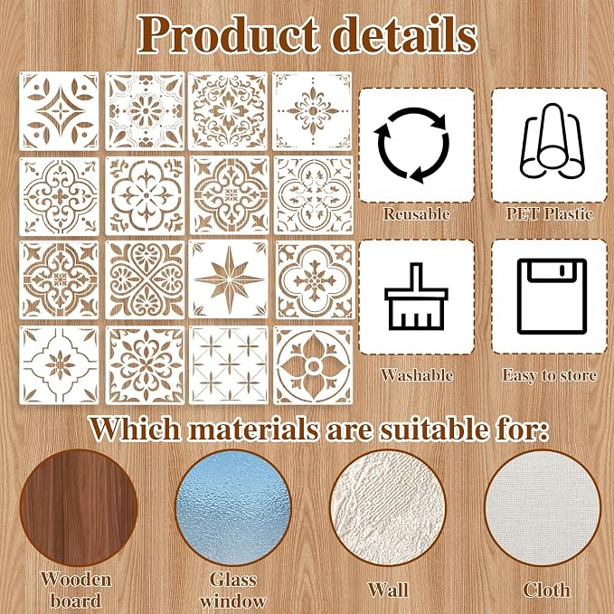 Yuanchu 16 Pack Tile Stencils Set, Reusable Spanish Mexican Talavera Stencil - Image 4