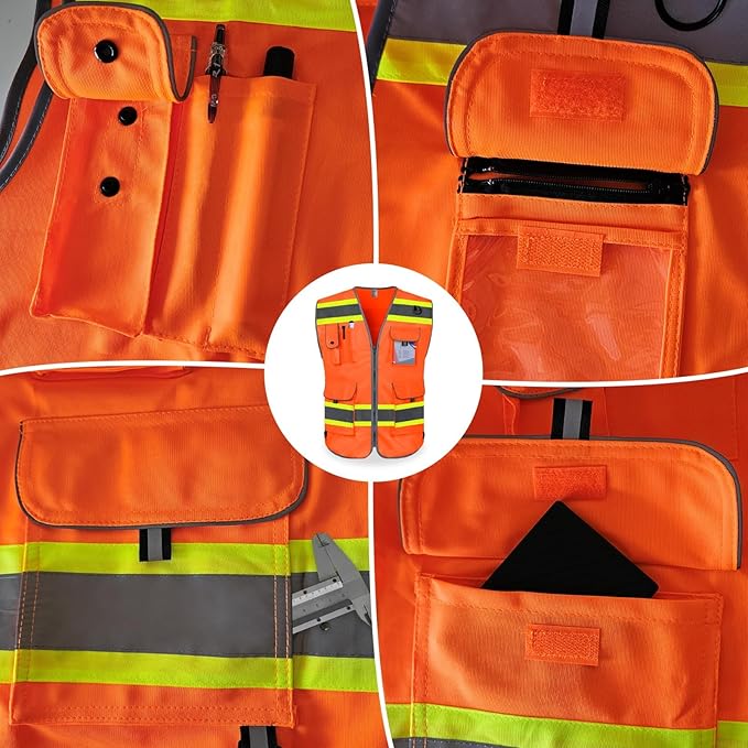 TCCFCCT Orange Safety Vest for Men Women 9 Pockets Mesh High Visibility Reflective Vest for Safety, Work Vest with Reflective Strips, Meets ANSI/ISEA Standards, DB-5X-Large