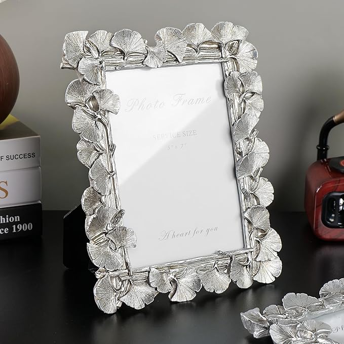 Cuspin Silver 5x7 Picture Frame, Vintage Silver Ornate Leaf Textured - Image 2