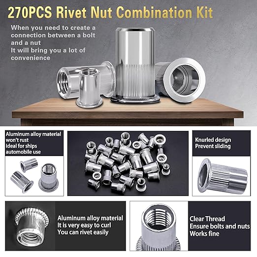 Rivet Nut Assortment Kit, 270 PCS Recessed Rivet Nuts, Rivet Nut Sorting Tool, (M8 M6 M5 M4 M3) for Automotive, Home Decor and Industrial Products