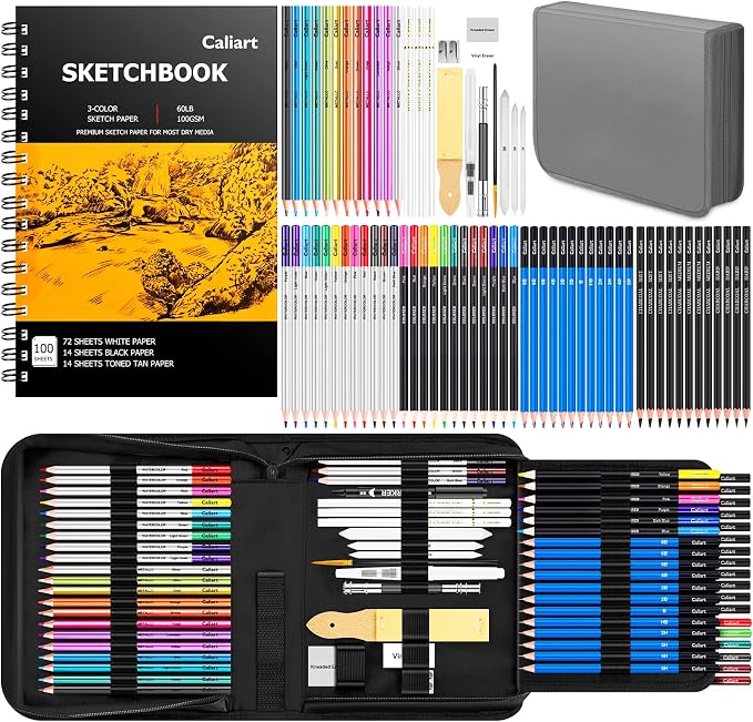 Caliart 176PCS Art Supplies Sketching Kit, 100 Sheets 3-Color Sketch Book | by Caliart