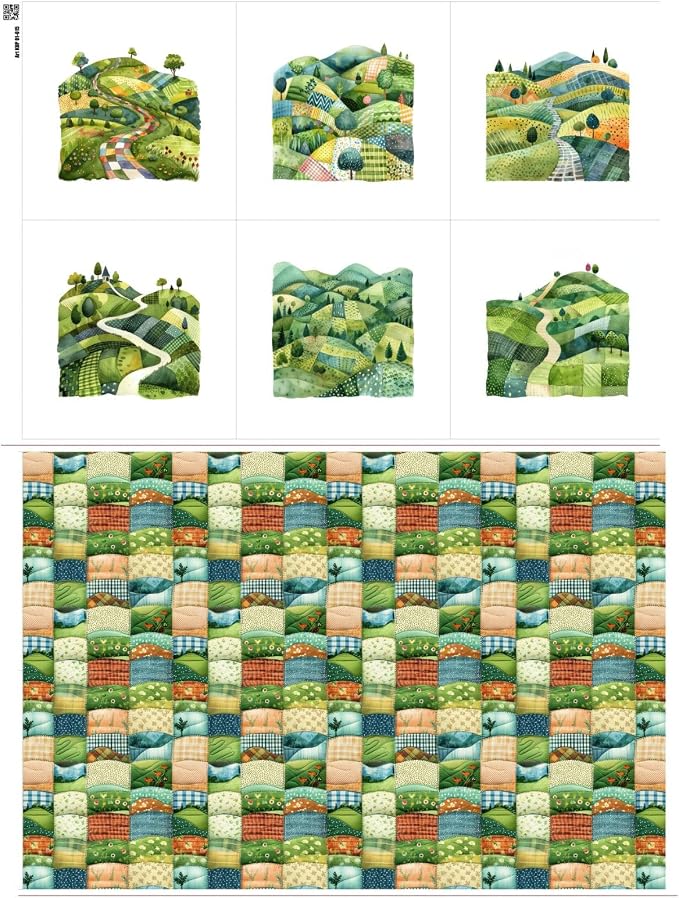 Patchwork Green Hills Cotton Fabric Panel – 6 Designs + Bonus Sheet 29.5×19.6 by FabricsTown