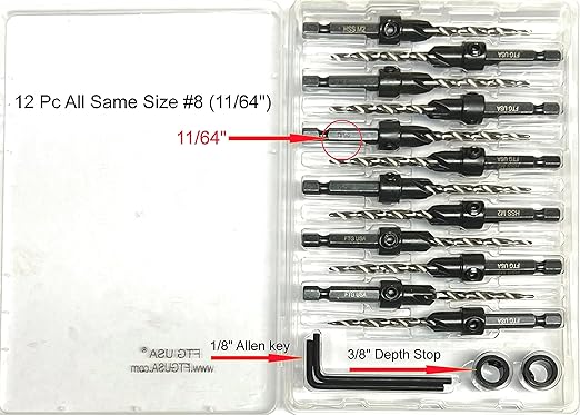 FTG USA 12 Pc #8 (11/64") Countersink Drill Bit Set with Depth Stop Collar, Hex Wrench - Tapered Drill Bits for Wood