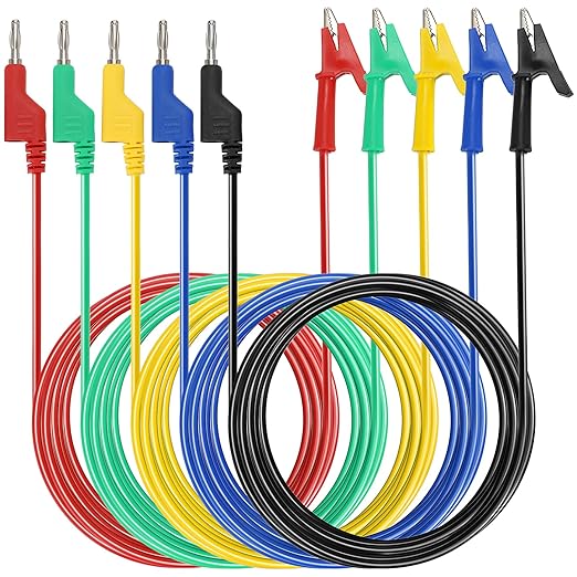 Sumnacon Multimeter Banana Plug to Crocodile Alligator Clip Test Probe, 5PC 4mm Stackable Colorful Silicone Banana Plug to Alligator Clip Test Probe Lead Wire Cable 6.6Ft/2M
