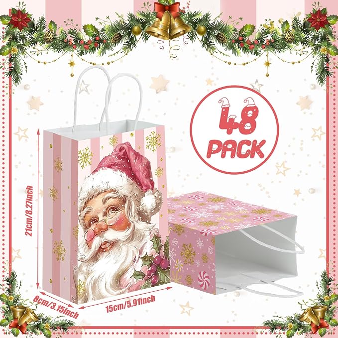 Kolldenn 48 Pcs Pink Christmas Party Favors Bags Christmas Goodie Gift Bags - Image 2