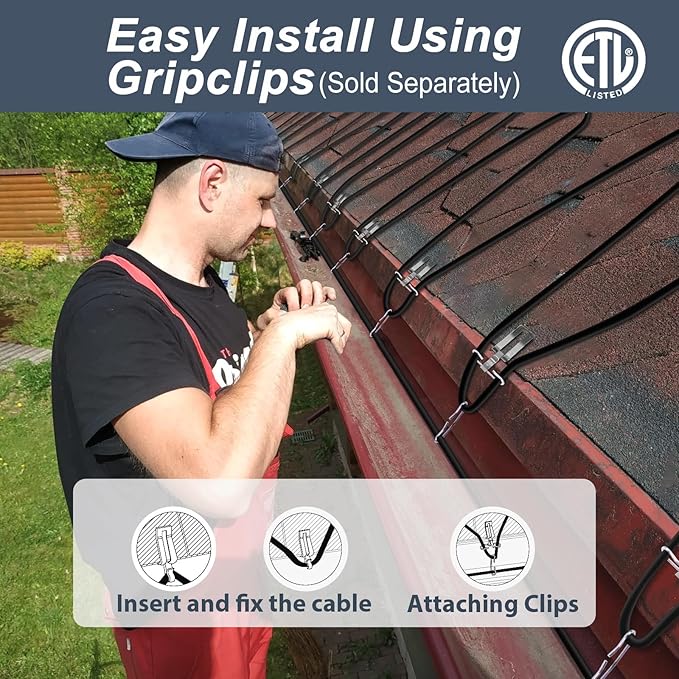 HEATIT 8JHSF1 36ft Heat Cables for Roofs and Gutters for Pipe Freeze Protection, Pre-assembled Roof Gutter Snow Melting De-Icing Heating Cable, Heating Cable Tape, ETL Listed 8W/ft 120V