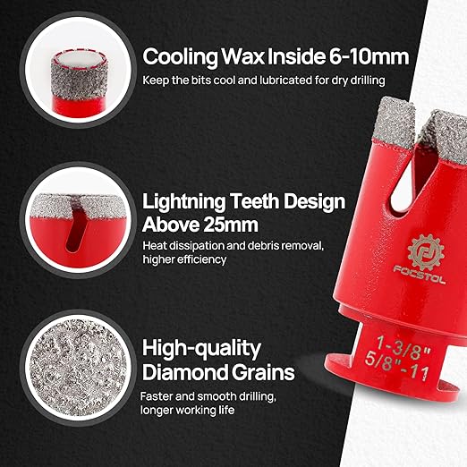 Diamond Core Drill Bit Set - FOCSTOL 9pcs Diamond Hole Saw Kit for Porcelain Tile Ceramic Marble Granite (6/8/10/20/35/50mm+20mm Finger Milling Bit+50mm Beveling Chamfer Bit+Hex)