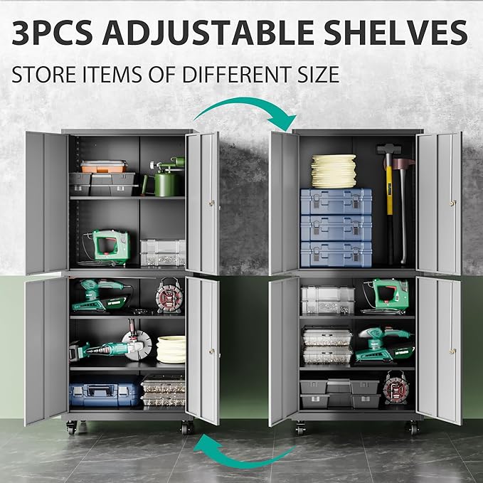 Metal Storage Cabinet with Wheels,Rolling Garage Storage Cabinet with Lock,Gray Lockable Metal Cabinets with Shelves,Tall Tool Cabinets on Wheels for Garage,Home,Office,Shop