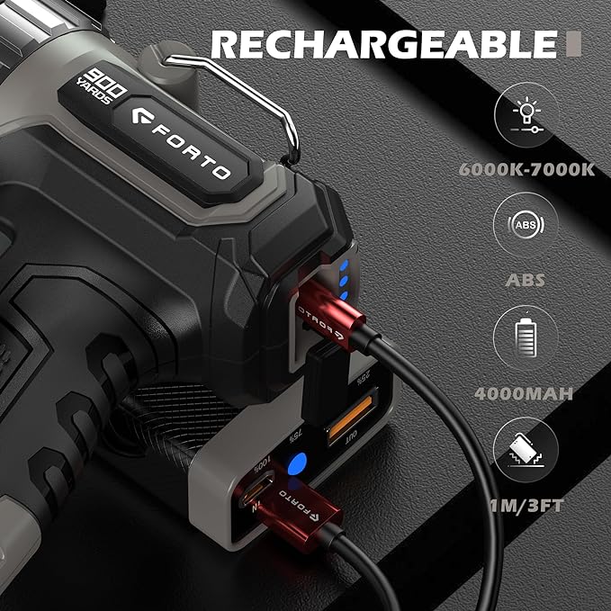 FORTO Compact Rechargeable Spotlight with Adjustable Focus, Handheld Spot Light with Stand, 823m Range, 3 Light Modes and LED Spot Lights Outdoor for Boating Hunting Camping Hiking