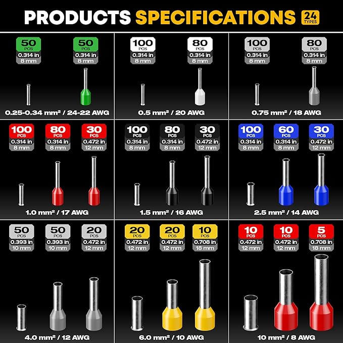 Ferrule Crimping Tool Kit, Ratchet Pliers for 24-8 AWG with 24 Types Insulated and Non-Insulated Ferrules, Ferrule Crimper, Wire Ferrules Kit, Crimping Pliers set with Wire Strippers