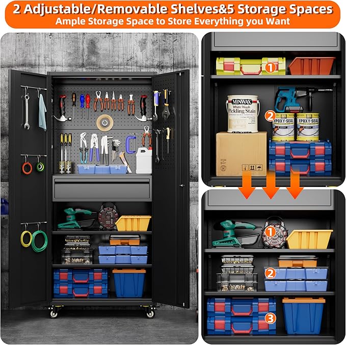 Metal Garage Storage Cabinet with Wheels and Doors,71" H Rolling Tool Cabinet with Pegboard and Drawer for Garage Warehouse Home,Required Assembly,Black
