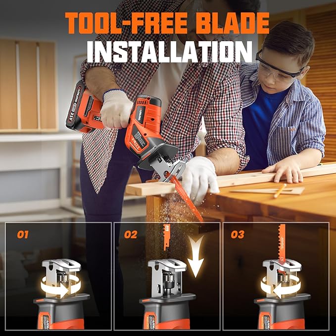 Cordless Reciprocating Saw With 8 Blades – 2×4000mAh Batteries, Brushless Motor, Variable Speed 0‑3200 SPM, Tool‑Free Blade Change, Power Reciprocating Saw for PVC Wood, Metal Cutting DIY