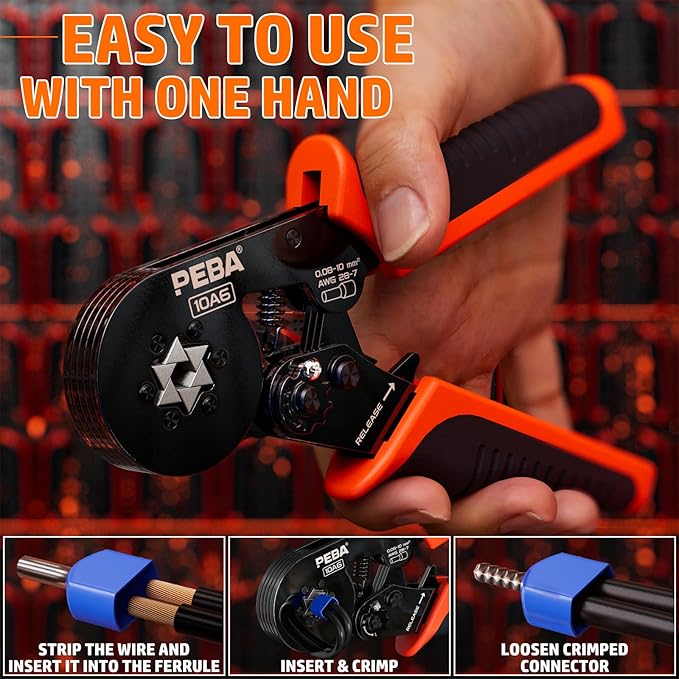PEBA Ferrule Crimping Tool, with 24 Types of Wire Ferrules/Twin Ferrules Connectors and AWG 28-7 Self-Adjusting Crimping Pliers, Wire Stripper | Hexagonal Crimper for Insulated/Uninsulated Ferrules