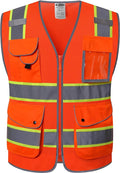 JKSafety 9 Pockets Hi-Vis Reflective Safety Vest | Mesh Fabric | Fluorescent Orange Color with Neon Yellow Extended Trims | ANSI/ISEA Compliance (100-Orange, M)