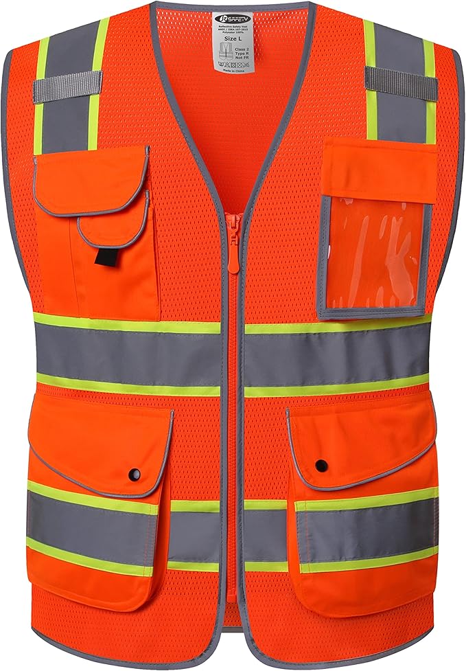 JKSafety 9 Pockets Hi-Vis Reflective Safety Vest | Mesh Fabric | Fluorescent Orange Color with Neon Yellow Extended Trims | ANSI/ISEA Compliance (100-Orange, 3XL)