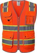 JKSafety 9 Pockets Hi-Vis Reflective Safety Vest | Mesh Fabric | Fluorescent Orange Color with Neon Yellow Extended Trims | ANSI/ISEA Compliance (100-Orange, 4XL)