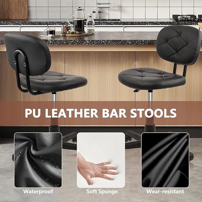 Rolling Stool Chair with Backrest Leather Swivel Salon Spa Stools, Adjustable Height Work Garage Chairs for Home Bar Desk Computer, 2PK