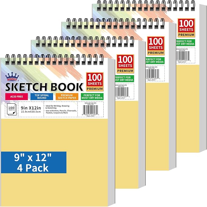 WINNER 9" x 12" Sketch Book 4 Pack, 400 Sheets Spiral Bound Art Sketchbook by WINNER
