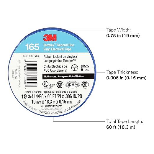 3M Temflex Multi-Purpose Vinyl Electrical Tape 165, Blue, 3/4 in x 60 ft (19 mm x 18 m), 10 Roll Pack