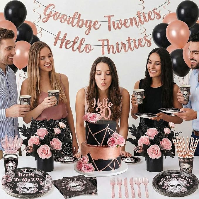 450 Pcs Death to My 20s Tableware Set Rose Gold Black 30th Birthday Party - Image 5
