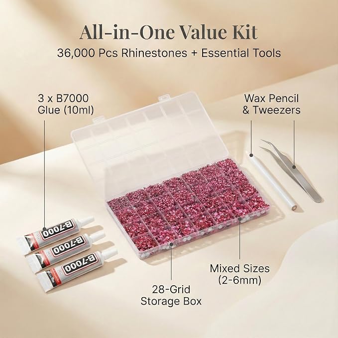 36000Pcs Dark Pink Rhinestones for Bedazzling, Flat Back Resin Rhine Stone - Image 2