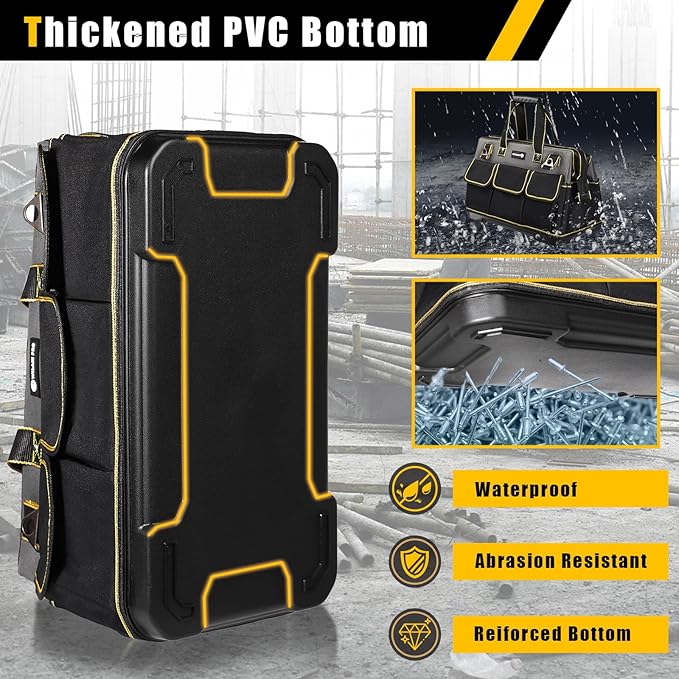 20 in Tool Bag For Men with Waterproof Molded Base, High Capacity Wide Mouth Tote, Construction Worker Electricians Tool Bags, Large Tool Bag Organizer for Men Women (Grey)