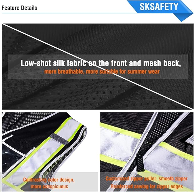 SKSAFETY 10 Pockets Safety Vest, Class 2 High Visibility Security with Zipper Back Mesh, Hi Vis Vest with Reflective Strips, ANSI/ISEA Standard, Construction Work Vest for Men ＆ Women （Black, 2XL）