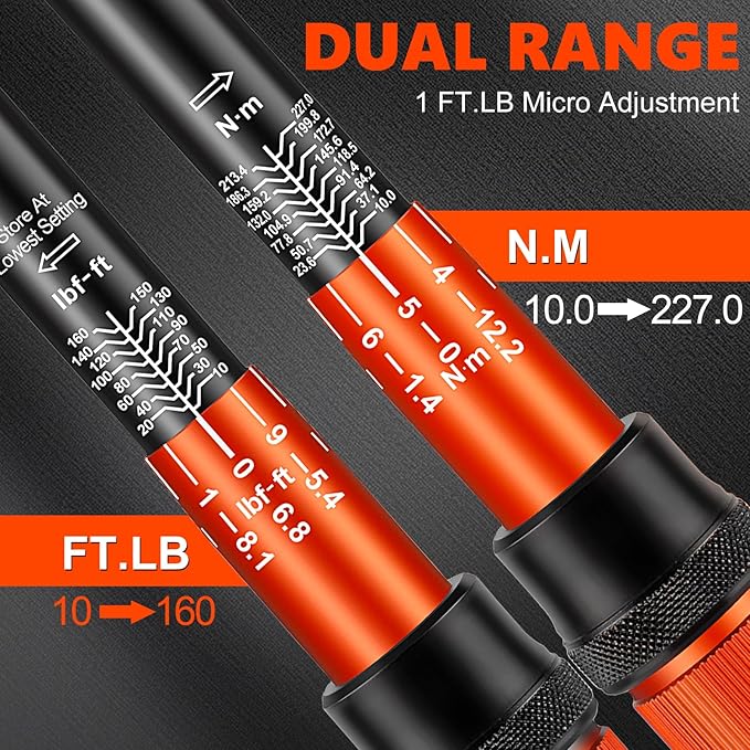 1/2 Inch Drive Click Torque Wrench, 10-160 ft.lb/10-227 Nm, ±3% High Precision Lug Nut Torque Wrench with 72 Tooth Dual-Direction for Moto, Wheel Tire and Car Repair