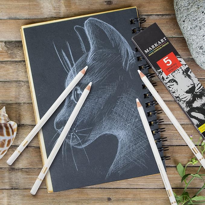 MARKART Professional White Charcoal Pencils Set, 5 Pieces Sketch Highlight - Image 5