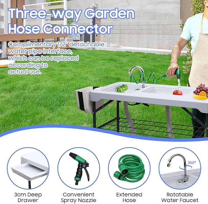 Nice C Fish Cleaning Table, Fish Cleaning Table with Sink, Camping Sink, 42.5'' Camping Table, w/Dual Universal Faucet & Spray, Drainage Hoses, Grid Rack, Basket, Toolkit for Picnic, Camping