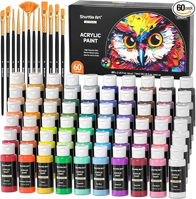 72 Pack Acrylic Paint Set, Shuttle Art 60 Colors Acrylic Paint Including Extra by ShuttleArt