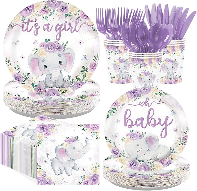 168 Pcs Purple Elephant Baby Shower Decorations It's A Girl Disposable Plates by Greencian