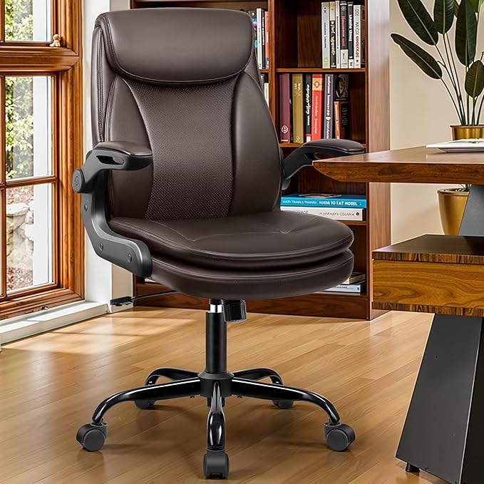 Office Chair Ergonomic Desk Chair - Premium Leather Executive Office Chairs with Lumbar Support Flip Up Armrests, Home Office Desk Chairs Computer Chair with Rocking Function Adjustable Height