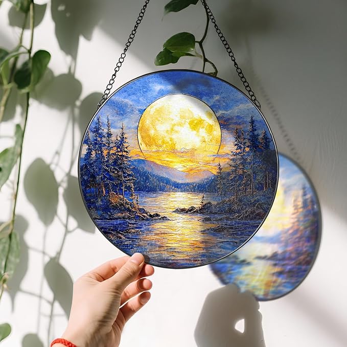 8'' Full Moon Over Forest Lake Suncatcher Ornament, Stained Glass Window Hanging - Image 3