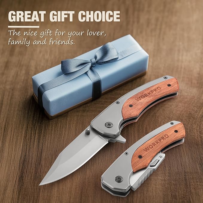 WORKPRO Folding Utility Knife & EDC Pocket Knife, Quick-Change Wood Handle Razor Box Cutter and Foldable Knife Kit with Extra 10PC SK5 Blades for Indoor and Outdoor Activities