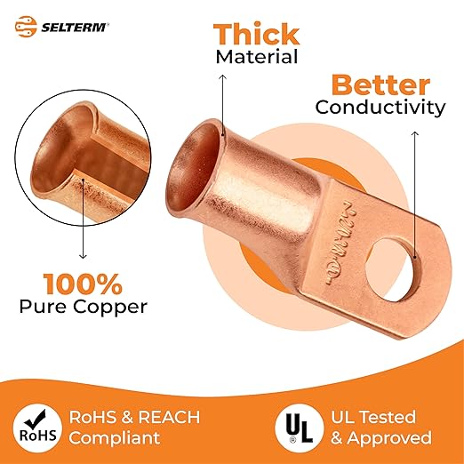 SELTERM 5pcs 2/0 AWG 3/8" Stud Copper Wire Lugs, Battery Lugs, Ring Terminals, Battery Cable Ends, 00 Gaug Ring Terminal Connectors, UL Heavy Duty Bare Copper Eyelets Battery Terminal Connectors