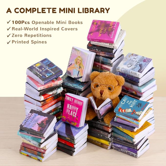 1:12 Scale Mini Desk Set with 100 Mini Books & 2 Bookshelves — Miniature - Image 4