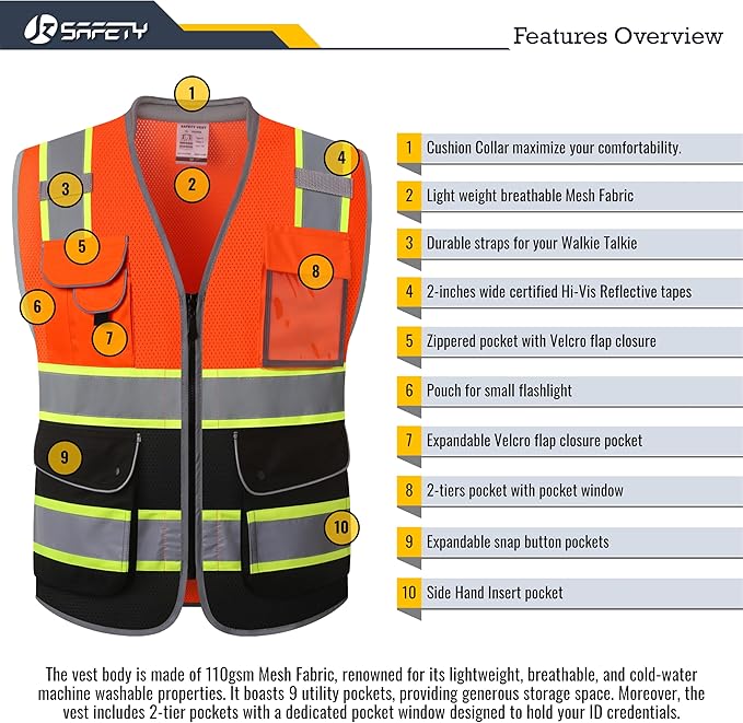 JKSafety 9 Pockets Hi-Vis Safety Vest High Visibility Reflecitive Mesh Safety Vests for Men and Women Cushioned Collar Work Utility PPE Work Gear ANSI/ISEA compliant Class 2 (101-OBlk 3XL)