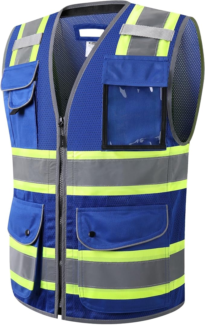 JKSafety 11 Pockets Hi-Vis Blue Mesh Safety Vest for Men Women High Visibility Reflective Construction with Zipper Work Utility PPE Work Gear ANSI/ISEA compliant (102-Blue 5XL)