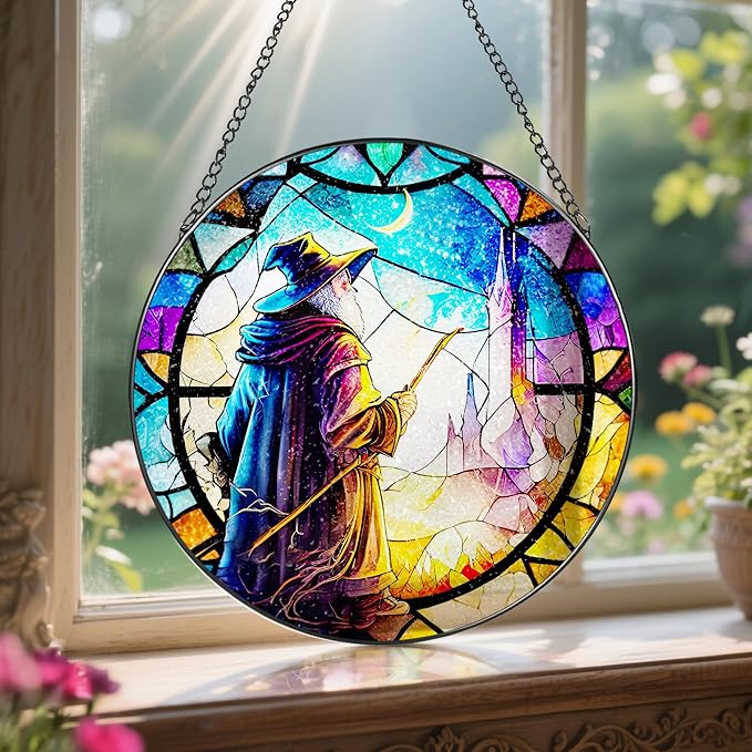 Stained Glass Window Hanging, LAOWEIKI 8'' Witch Suncatcher, Stained Glass - Image 5